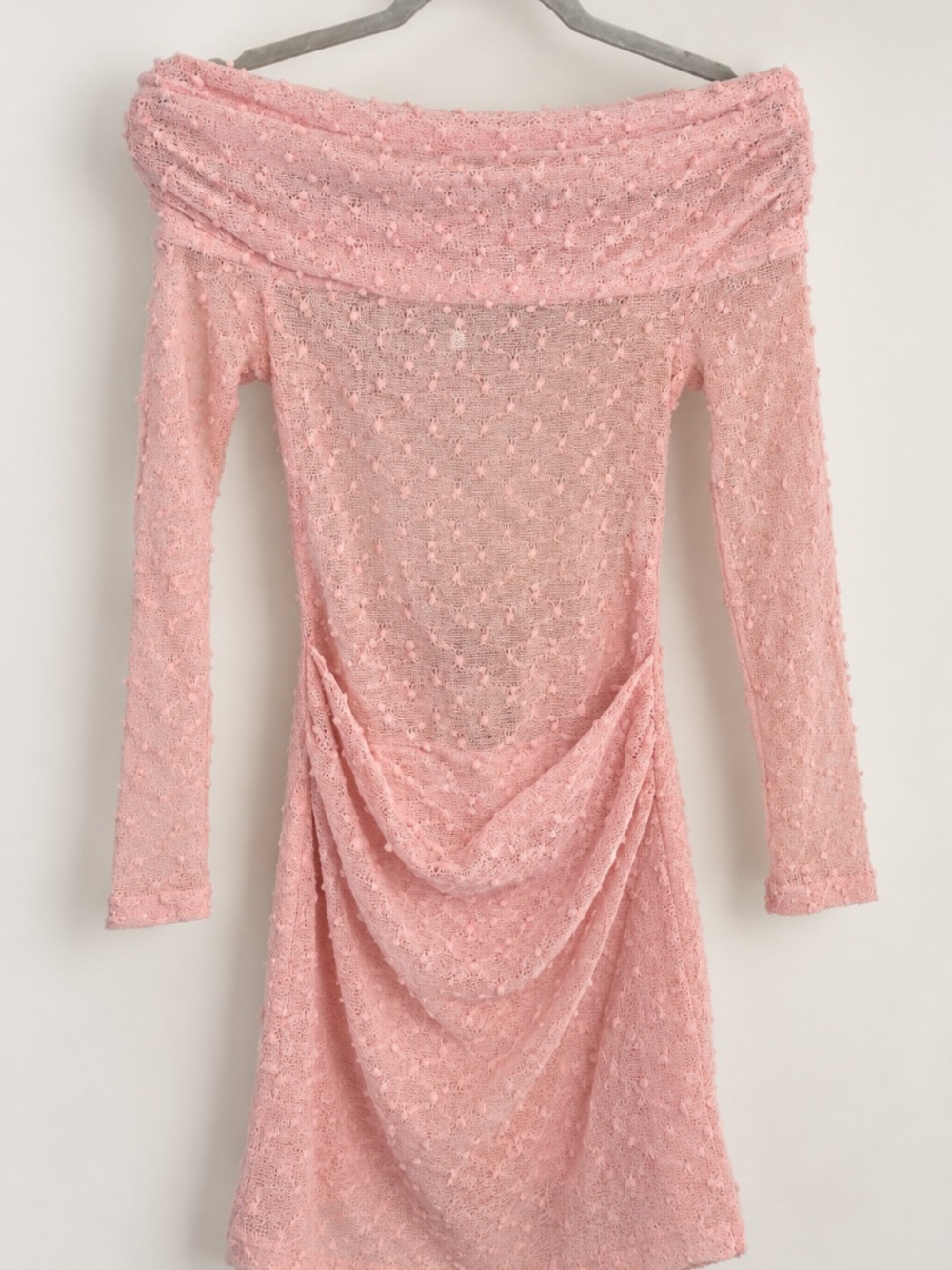 NWT HELLO MOLLY Pink Crochet Knit Off Shoulder Mini Dress Size S